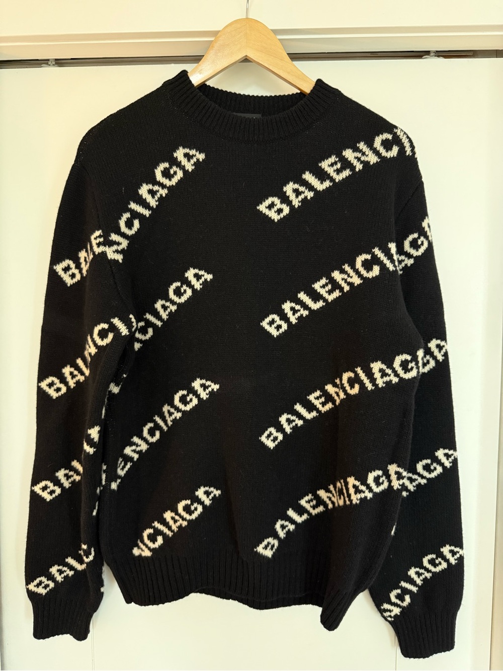 Balenciaga Black Crewneck Sweater with White All-Over Logo
